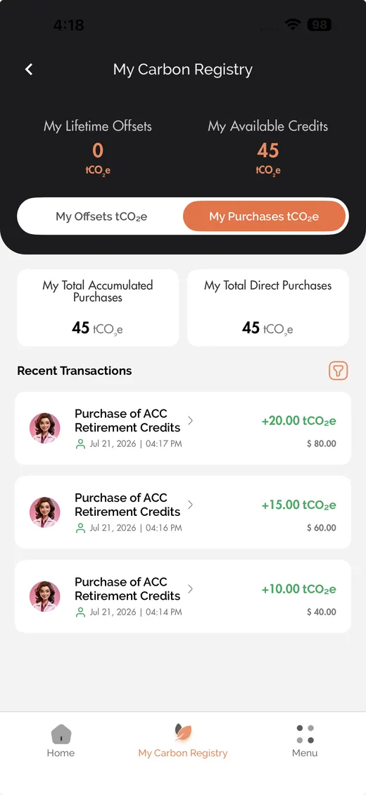 IntelliGrid mobile app, purchase registry screen.