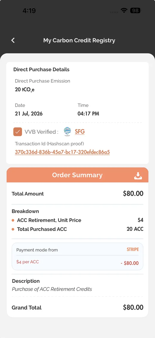 IntelliGrid mobile app, purchase detail screen.