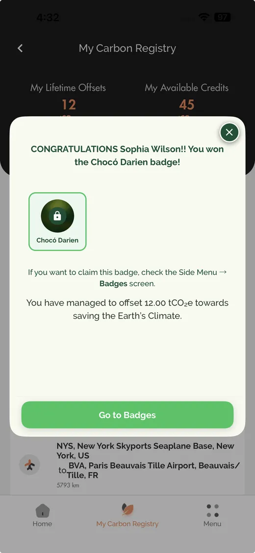 IntelliGrid mobile app, badge unlocked screen.