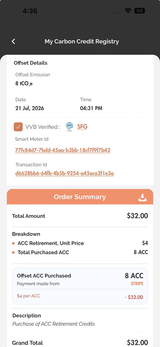 IntelliGrid mobile app, offset certificate screen.