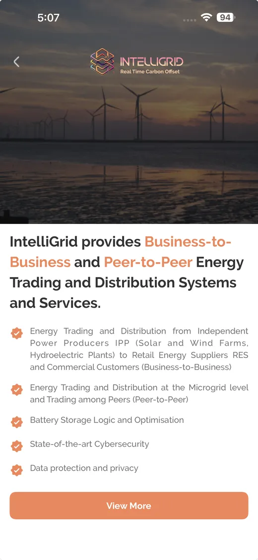 IntelliGrid mobile app, about IntelliGrid screen.
